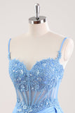 Blu Spaghetti Straps Corsetto Floreale Stretto Abito Breve Abito Da Cocktail