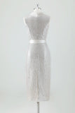 Champagne Sparkly V Neck Tea Length Holiday Party Dress con fiocco