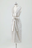 Champagne Sparkly V Neck Tea Length Holiday Party Dress con fiocco