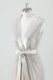 Champagne Sparkly V Neck Tea Length Holiday Party Dress con fiocco