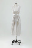 Champagne Sparkly V Neck Tea Length Holiday Party Dress con fiocco