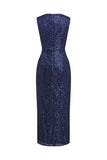 Abito da cocktail midi con paillettes con scollo a V blu scuro con fessura