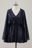 Sparkly Navy corto A-Line Holiday Party Dress con maniche lunghe