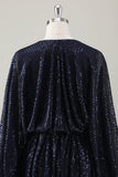 Sparkly Navy corto A-Line Holiday Party Dress con maniche lunghe