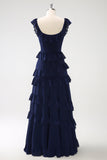 Dark Navy A-Line Tiered Chiffon Abito da damigella d'onore lungo