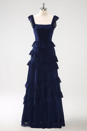 Dark Navy A-Line Tiered Chiffon Abito da damigella d'onore lungo