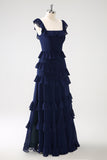 Dark Navy A-Line Tiered Chiffon Abito da damigella d'onore lungo