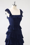 Dark Navy A-Line Tiered Chiffon Abito da damigella d'onore lungo