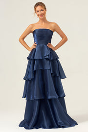 Dark Navy A Line senza spalline Tiered Satin Abito da ballo lungo