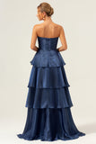 Dark Navy A Line senza spalline Tiered Satin Abito da ballo lungo