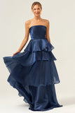 Dark Navy A Line senza spalline Tiered Satin Abito da ballo lungo