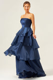 Dark Navy A Line senza spalline Tiered Satin Abito da ballo lungo