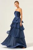 Dark Navy A Line senza spalline Tiered Satin Abito da ballo lungo