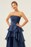 Dark Navy A Line senza spalline Tiered Satin Abito da ballo lungo