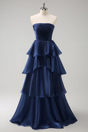 Dark Navy A Line senza spalline Tiered Satin Abito da damigella d'onore lungo