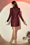 Glitter Burgundy Bodycon Maxi Blazer da donna con paillettes