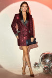 Glitter Burgundy Bodycon Maxi Blazer da donna con paillettes