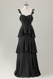 Verde chiaro A-Line Ruffle Tiered Chiffon Corsetto Abito da damigella d'onore lungo