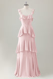 Verde chiaro A-Line Ruffle Tiered Chiffon Corsetto Abito da damigella d'onore lungo