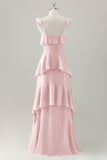 Verde chiaro A-Line Ruffle Tiered Chiffon Corsetto Abito da damigella d'onore lungo