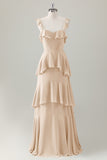 Verde chiaro A-Line Ruffle Tiered Chiffon Corsetto Abito da damigella d'onore lungo