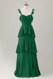 Verde chiaro A-Line Ruffle Tiered Chiffon Corsetto Abito da damigella d'onore lungo