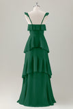 Verde chiaro A-Line Ruffle Tiered Chiffon Corsetto Abito da damigella d'onore lungo
