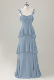 Verde chiaro A-Line Ruffle Tiered Chiffon Corsetto Abito da damigella d'onore lungo