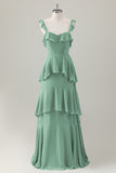 Verde chiaro A-Line Ruffle Tiered Chiffon Corsetto Abito da damigella d'onore lungo