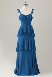 Verde chiaro A-Line Ruffle Tiered Chiffon Corsetto Abito da damigella d'onore lungo