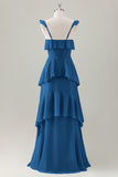 Verde chiaro A-Line Ruffle Tiered Chiffon Corsetto Abito da damigella d'onore lungo