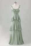 Verde chiaro A-Line Tiered Chiffon Corsetto Abito lungo da damigella d'onore