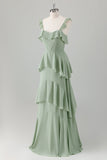 Verde chiaro A-Line Ruffle Tiered Chiffon Corsetto Abito da damigella d'onore lungo