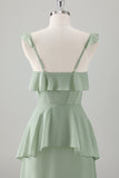 Verde chiaro A-Line Ruffle Tiered Chiffon Corsetto Abito da damigella d'onore lungo