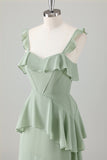 Verde chiaro A-Line Ruffle Tiered Chiffon Corsetto Abito da damigella d'onore lungo