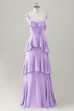 Verde chiaro A-Line Ruffle Tiered Chiffon Corsetto Abito da damigella d'onore lungo