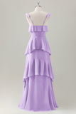 Verde chiaro A-Line Ruffle Tiered Chiffon Corsetto Abito da damigella d'onore lungo