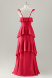 Verde chiaro A-Line Ruffle Tiered Chiffon Corsetto Abito da damigella d'onore lungo