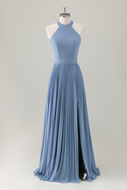 Grigio Blu A-Line Halter Abito da damigella d'onore lungo con fessura