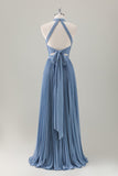 Grigio Blu A-Line Halter Abito da damigella d'onore lungo con fessura