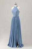 Grigio Blu A-Line Halter Abito da damigella d'onore lungo con fessura