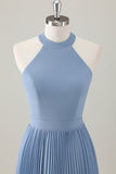 Grigio Blu A-Line Halter Abito da damigella d'onore lungo con fessura