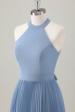 Grigio Blu A-Line Halter Abito da damigella d'onore lungo con fessura
