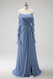 Grigio Blu A-Line Spaghetti Straps Chiffon Abito da damigella d'onore lungo con fessura