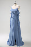 Grigio Blu A-Line Spaghetti Straps Chiffon Abito da damigella d'onore lungo con fessura