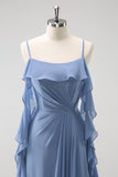 Grigio Blu A-Line Spaghetti Straps Chiffon Abito da damigella d'onore lungo con fessura