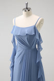 Grigio Blu A-Line Spaghetti Straps Chiffon Abito da damigella d'onore lungo con fessura