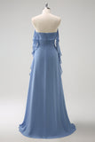 Grigio Blu A-Line Spaghetti Straps Chiffon Abito da damigella d'onore lungo con fessura