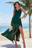 Verde scuro A-Line Spaghetti Straps Increspato Lace-Up Back Satin Abito da damigella d'onore lungo