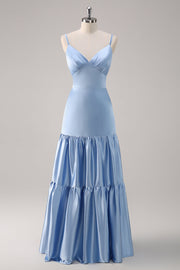 Sky Blue A-Line Spaghetti Straps Abito da damigella d'onore lungo in raso